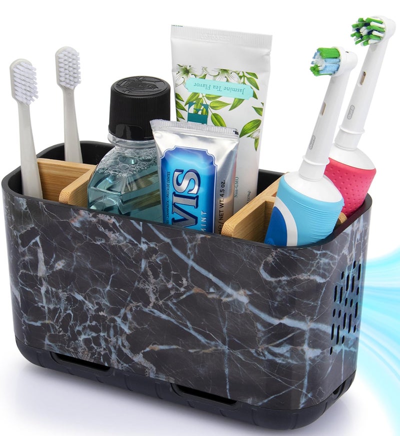 GFWARE Marble Toothbrush Holders, 5 Slots Bamboo Toothbrush and Toothpaste Holder for Bathroom Counter with Drainage, Kids Electric Toothbrush Organizer, Black Toothbrush Holders for Bathrooms - Image 1