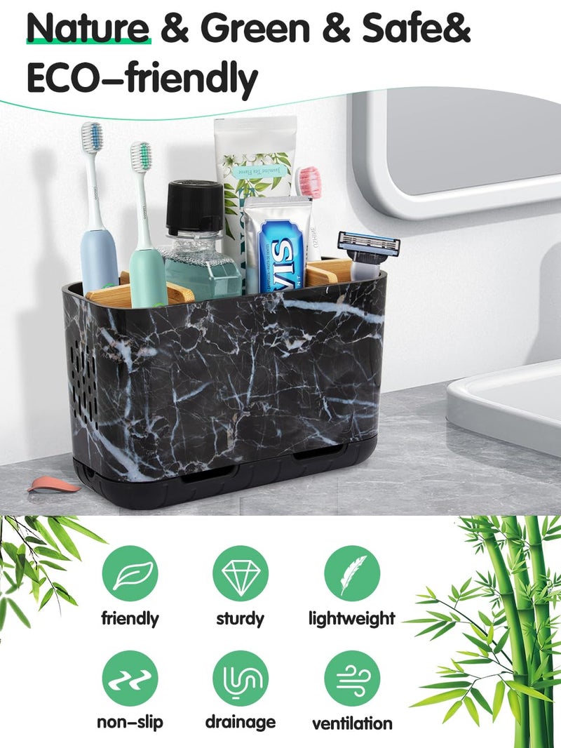 GFWARE Marble Toothbrush Holders, 5 Slots Bamboo Toothbrush and Toothpaste Holder for Bathroom Counter with Drainage, Kids Electric Toothbrush Organizer, Black Toothbrush Holders for Bathrooms - Image 2