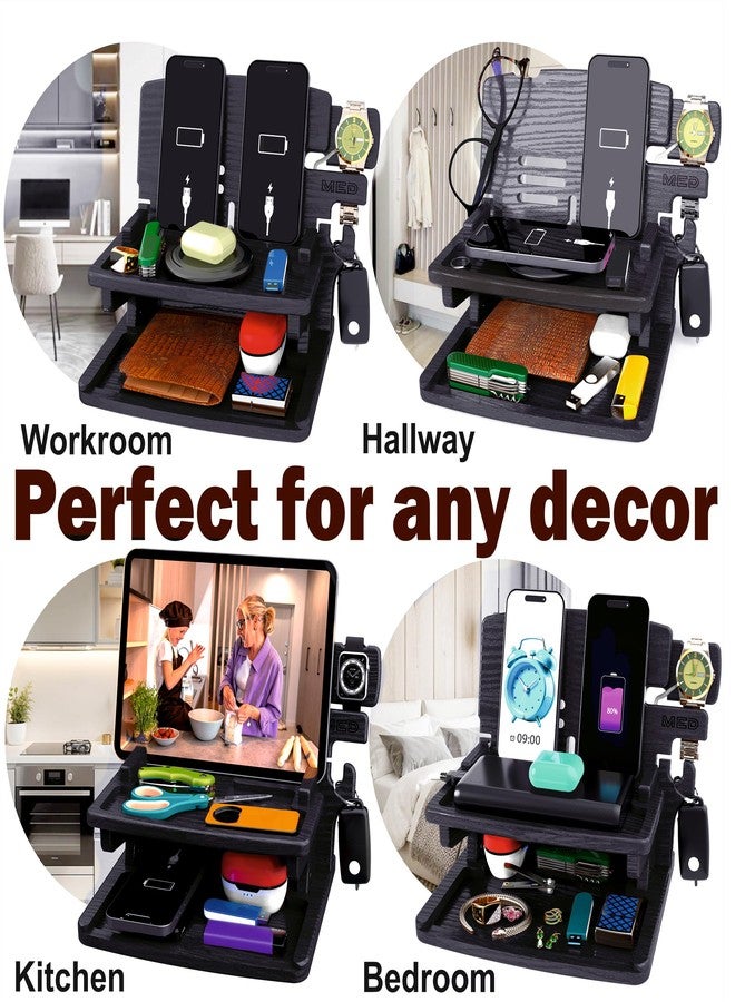 Med Wood Phone Docking Station Nightstand Organizer for Men - Home Accessories for Men and Woman - Great Gifts (Black, Medium) - Image 4