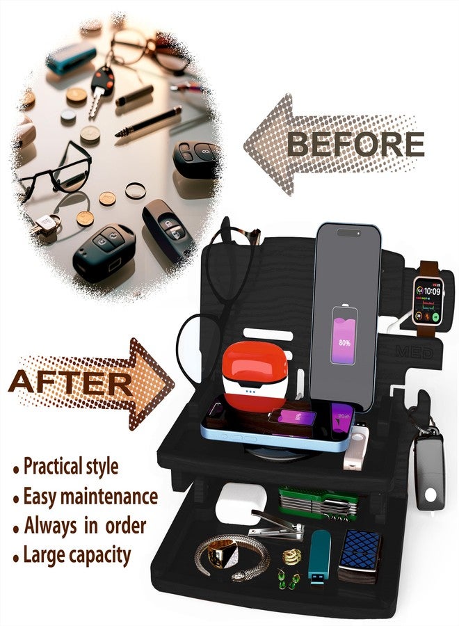 Med Wood Phone Docking Station Nightstand Organizer for Men - Home Accessories for Men and Woman - Great Gifts (Black, Medium) - Image 3