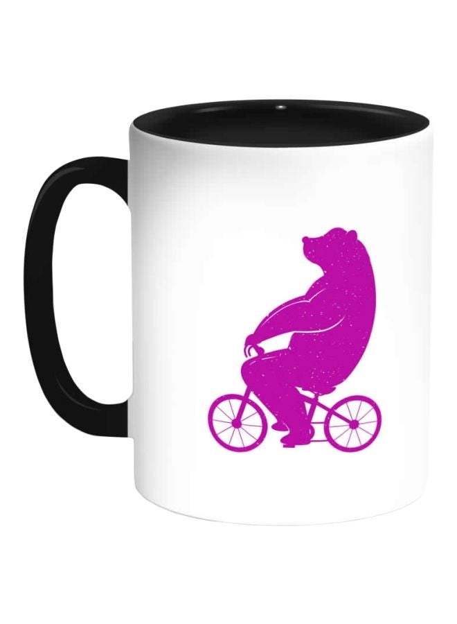 RYN Bear Driving A Bicycle Printed Ceramic Coffee Mug White/Black/Pink 11ounce