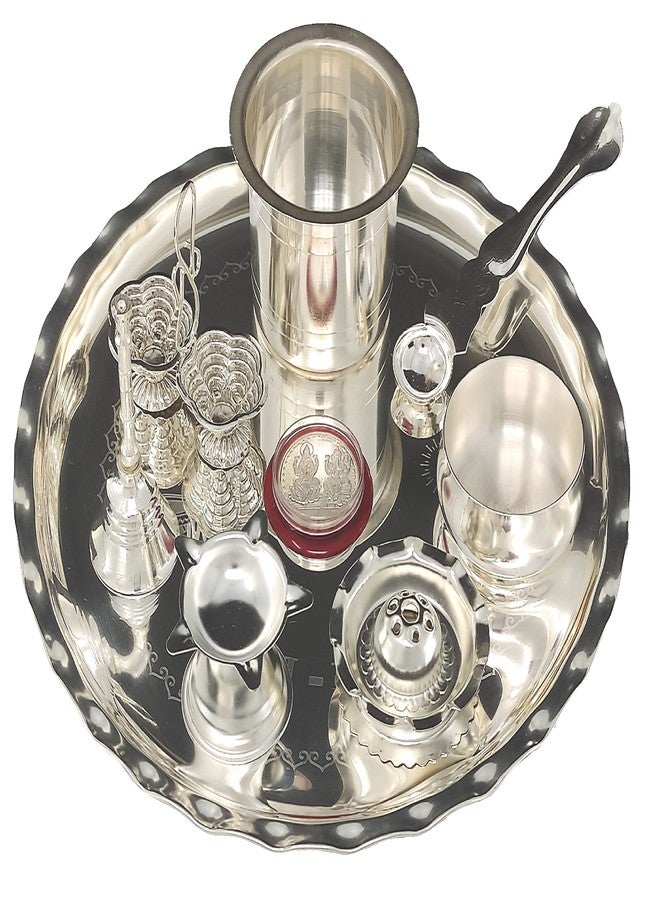 NOBILITY Silver Plated Pooja Thali Set 9.5 Inch with Plate Diya Haldi Kumkum Stand Panchapatra Palli Bowl Dhup Dan Ghanti Puja Thali for Home Mandir Office Diwali Wedding Return Gift Items - Image 1