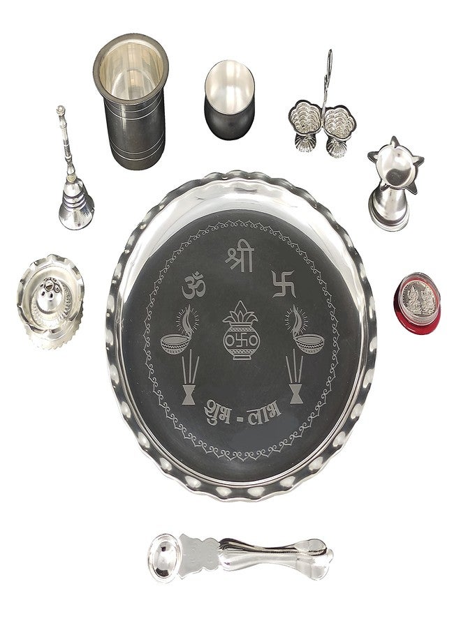 NOBILITY Silver Plated Pooja Thali Set 9.5 Inch with Plate Diya Haldi Kumkum Stand Panchapatra Palli Bowl Dhup Dan Ghanti Puja Thali for Home Mandir Office Diwali Wedding Return Gift Items - Image 3