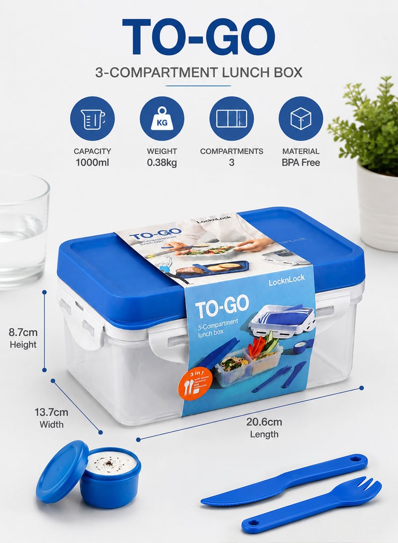 LOCK & LOCK LocknLock To Go 3-in-1 Lunchbox (Blue) - BPA-Free, Airtight Container with Cutlery for On-the-Go Meals - Image 2