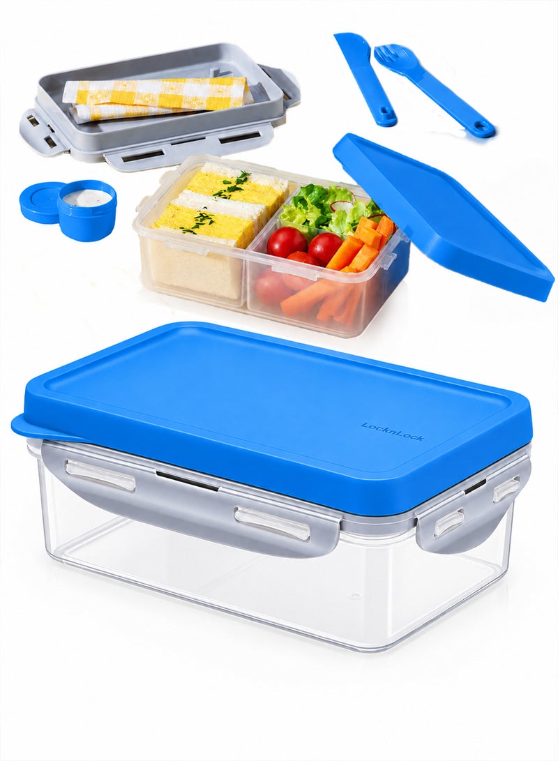 LOCK & LOCK LocknLock To Go 3-in-1 Lunchbox (Blue) - BPA-Free, Airtight Container with Cutlery for On-the-Go Meals - Image 1