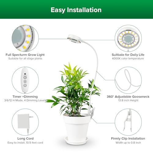 SANSI Grow Light for Indoor Plants, Clip-on LED Full Spectrum Plant Lamp with 4-Level Dimmer, Auto On/Off Timer (3/6/12 Hrs) - White, 10W 1-Pack - Image 3