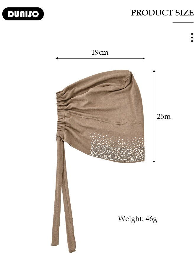 DUNISO Women Hijab Undercap Fashion Solid Color Women Under Scarf Hat Premium Headwear Soft Lightweight Breathable Hot Diamond Islamic Muslim Hijab Undercap with Tie Back Closure for Women Girls（Khaki）  - Image 5