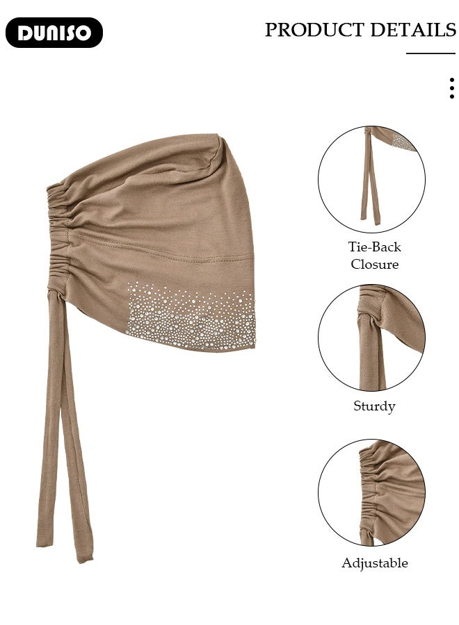 DUNISO Women Hijab Undercap Fashion Solid Color Women Under Scarf Hat Premium Headwear Soft Lightweight Breathable Hot Diamond Islamic Muslim Hijab Undercap with Tie Back Closure for Women Girls（Khaki）  - Image 2