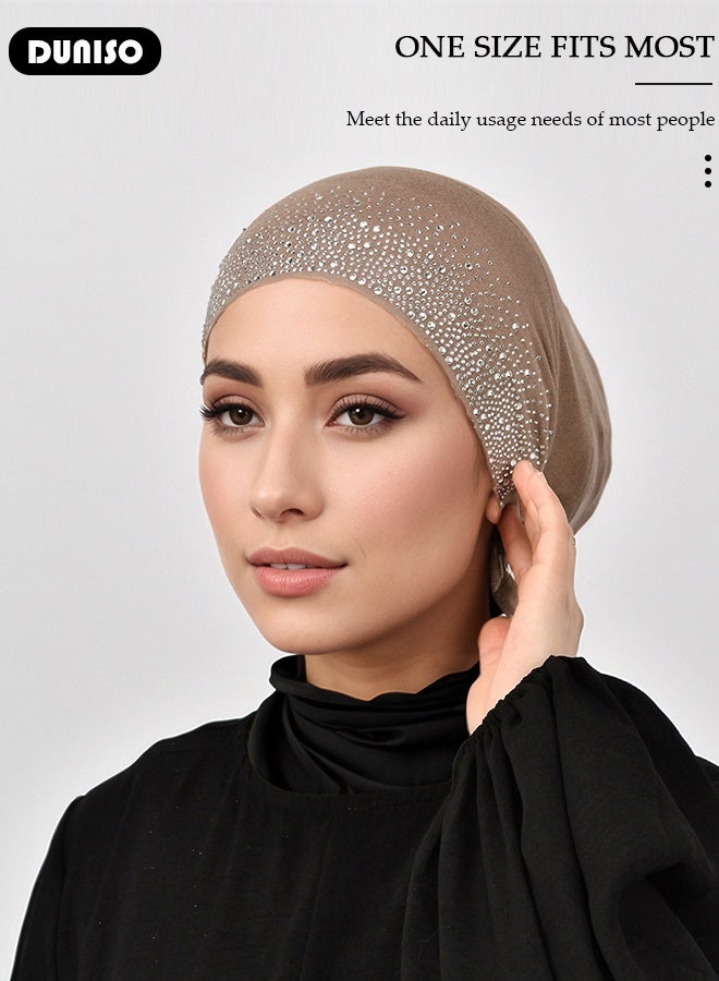 DUNISO Women Hijab Undercap Fashion Solid Color Women Under Scarf Hat Premium Headwear Soft Lightweight Breathable Hot Diamond Islamic Muslim Hijab Undercap with Tie Back Closure for Women Girls（Khaki）  - Image 3