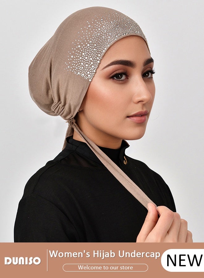 DUNISO Women Hijab Undercap Fashion Solid Color Women Under Scarf Hat Premium Headwear Soft Lightweight Breathable Hot Diamond Islamic Muslim Hijab Undercap with Tie Back Closure for Women Girls（Khaki）  - Image 1