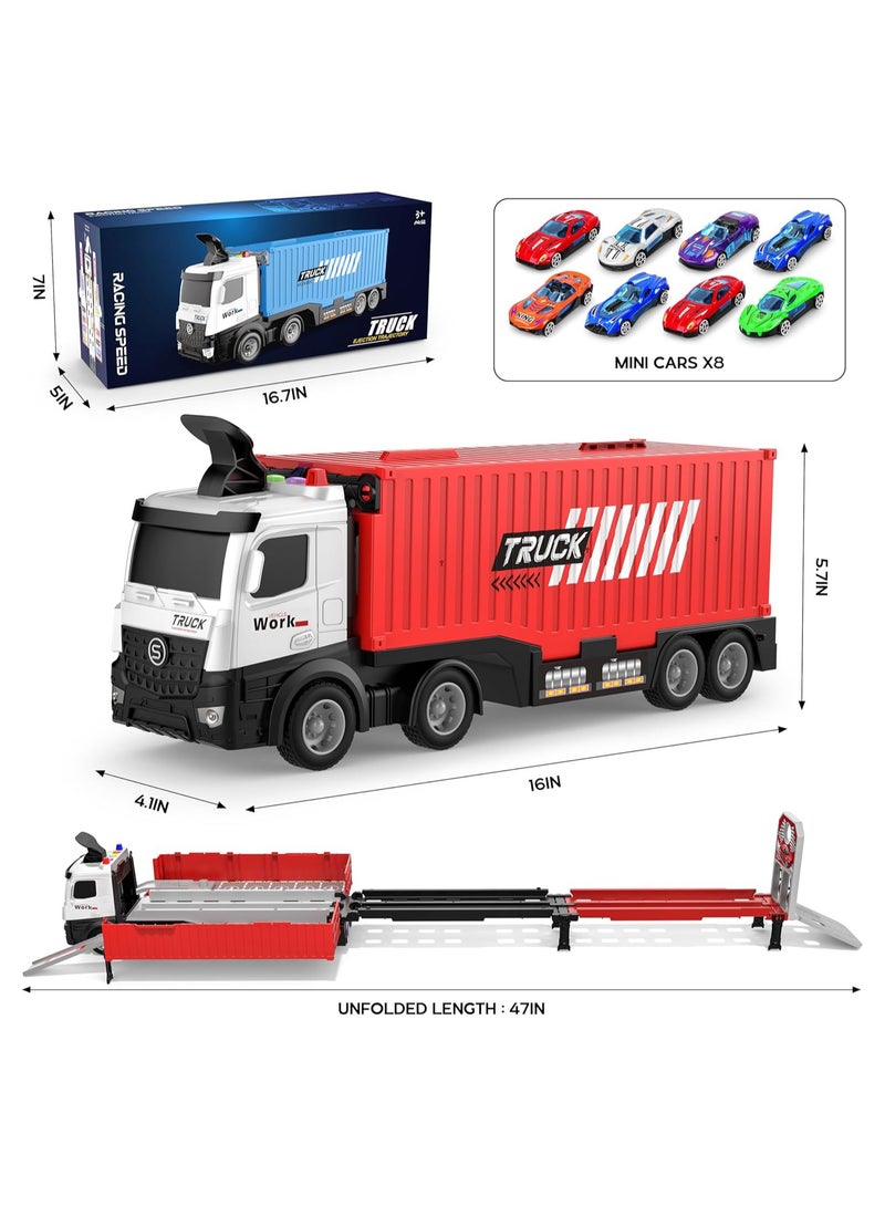 Race Car Track Toy Set with Slots  Foldable Racing Circuit Tracks Transport Car Carrier Toy for Toddlers Cars Track Playset Container Truck Toy with 8 Race Alloy Toy Cars for Age 3 4 5 6+ Years Old - Image 3