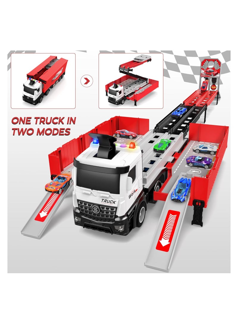 Race Car Track Toy Set with Slots  Foldable Racing Circuit Tracks Transport Car Carrier Toy for Toddlers Cars Track Playset Container Truck Toy with 8 Race Alloy Toy Cars for Age 3 4 5 6+ Years Old - Image 5