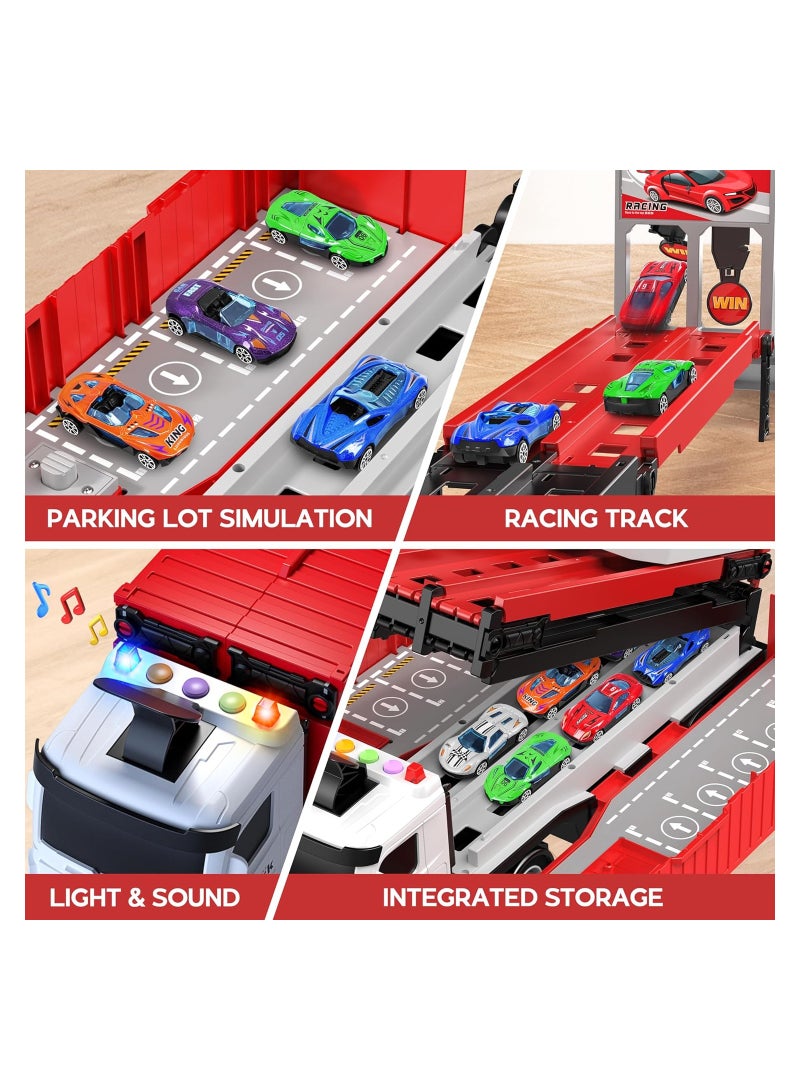 Race Car Track Toy Set with Slots  Foldable Racing Circuit Tracks Transport Car Carrier Toy for Toddlers Cars Track Playset Container Truck Toy with 8 Race Alloy Toy Cars for Age 3 4 5 6+ Years Old - Image 4