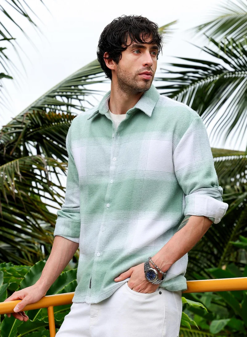 CAHOOT  Men's Light Pistachio:Cream White Vignette-Checkered Oversized Shirt for Men | Best Price UAE