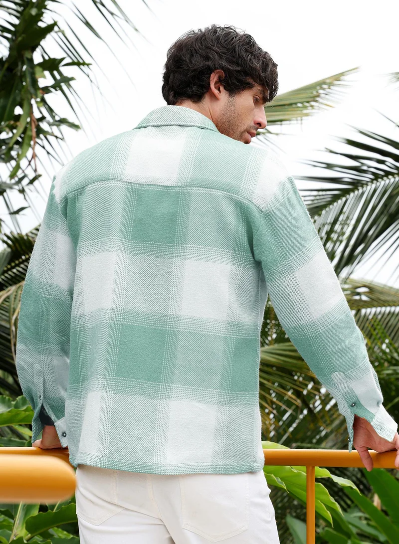 CAHOOT  Men's Light Pistachio:Cream White Vignette-Checkered Oversized Shirt for Men | Best Price UAE