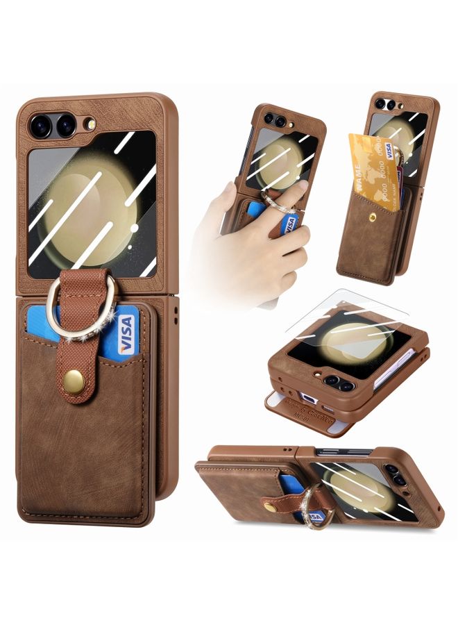 Case Cover For Samsung Galaxy Z Flip5 5G Integrated Magnetic Card Wallet Diamond-encrusted Ring Phone Case (Brown)