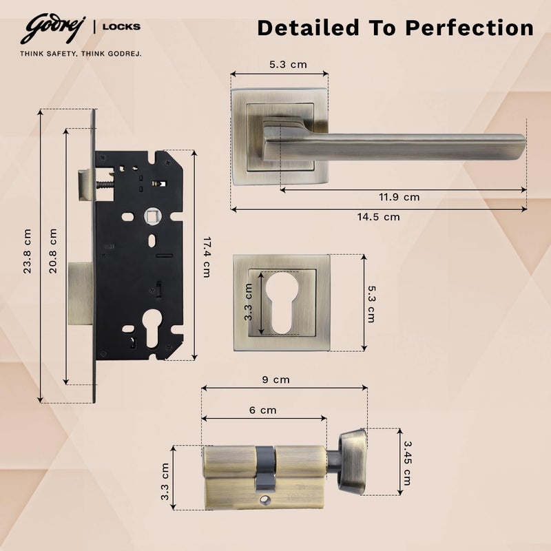 Godrej Locking Solutions and Systems Godrej Mortise Lock Handle Lock Set for Main Bedroom Door Alpine Rossette Home Dcor Handle Antique Brass Finish 60 mm 1CK Cylinder Knob from Inside and with 4 Keyswith 5year Warranty  - Image 5