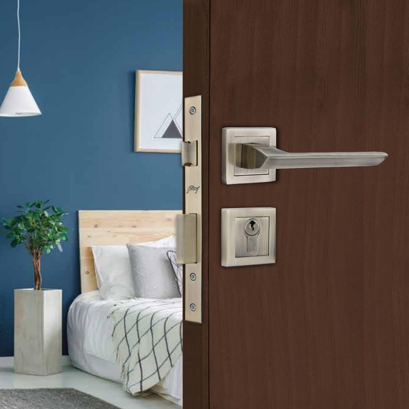 Godrej Locking Solutions and Systems Godrej Mortise Lock Handle Lock Set for Main Bedroom Door Alpine Rossette Home Dcor Handle Antique Brass Finish 60 mm 1CK Cylinder Knob from Inside and with 4 Keyswith 5year Warranty  - Image 1