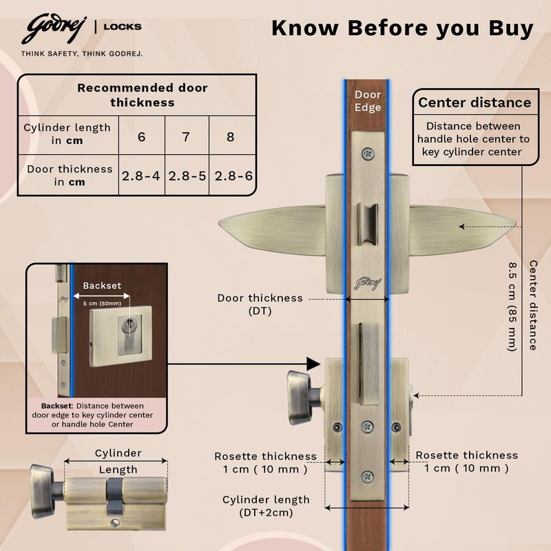 Godrej Locking Solutions and Systems Godrej Mortise Lock Handle Lock Set for Main Bedroom Door Alpine Rossette Home Dcor Handle Antique Brass Finish 60 mm 1CK Cylinder Knob from Inside and with 4 Keyswith 5year Warranty  - Image 4