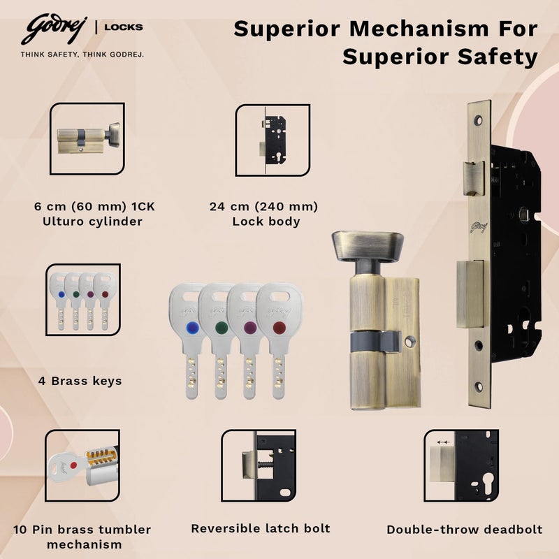 Godrej Locking Solutions and Systems Godrej Mortise Lock Handle Lock Set for Main Bedroom Door Alpine Rossette Home Dcor Handle Antique Brass Finish 60 mm 1CK Cylinder Knob from Inside and with 4 Keyswith 5year Warranty  - Image 3