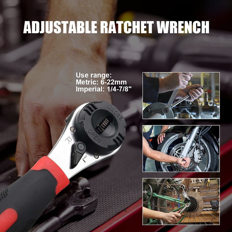 CMTOOL Adjustable Ratchet Wrench Kit for 6-22mm Screw, Portable Adjustable Ratcheting Wrench Set with Non-slip Handle, Automotive and Household Tool Perfect for Car Enthusiasts and DIY Home Repairs - Image 3