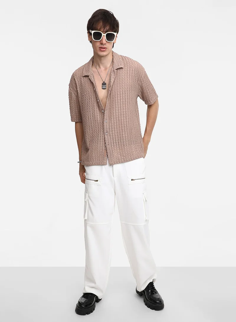 Campus Sutra Men's Peanut Brown Striped Knit Oversized Shirt