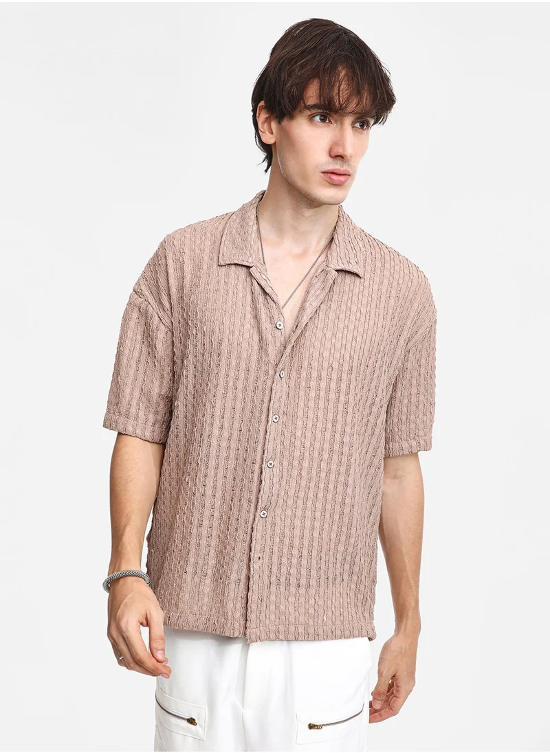 Campus Sutra Men's Peanut Brown Striped Knit Oversized Shirt