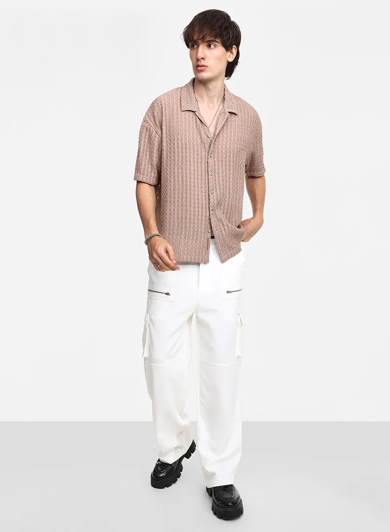 Campus Sutra Men's Peanut Brown Striped Knit Oversized Shirt