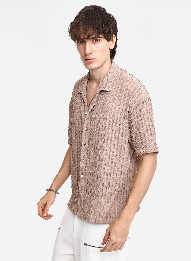 Campus Sutra Men's Peanut Brown Striped Knit Oversized Shirt