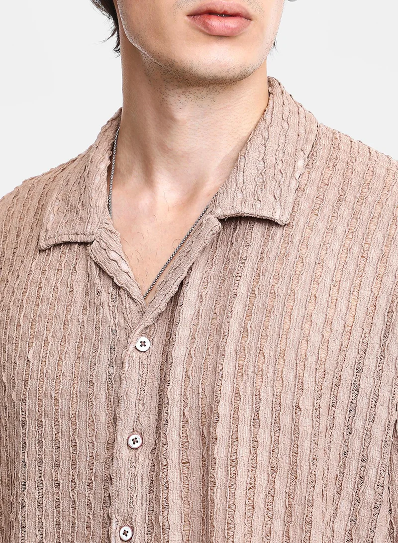 Campus Sutra Men's Peanut Brown Striped Knit Oversized Shirt