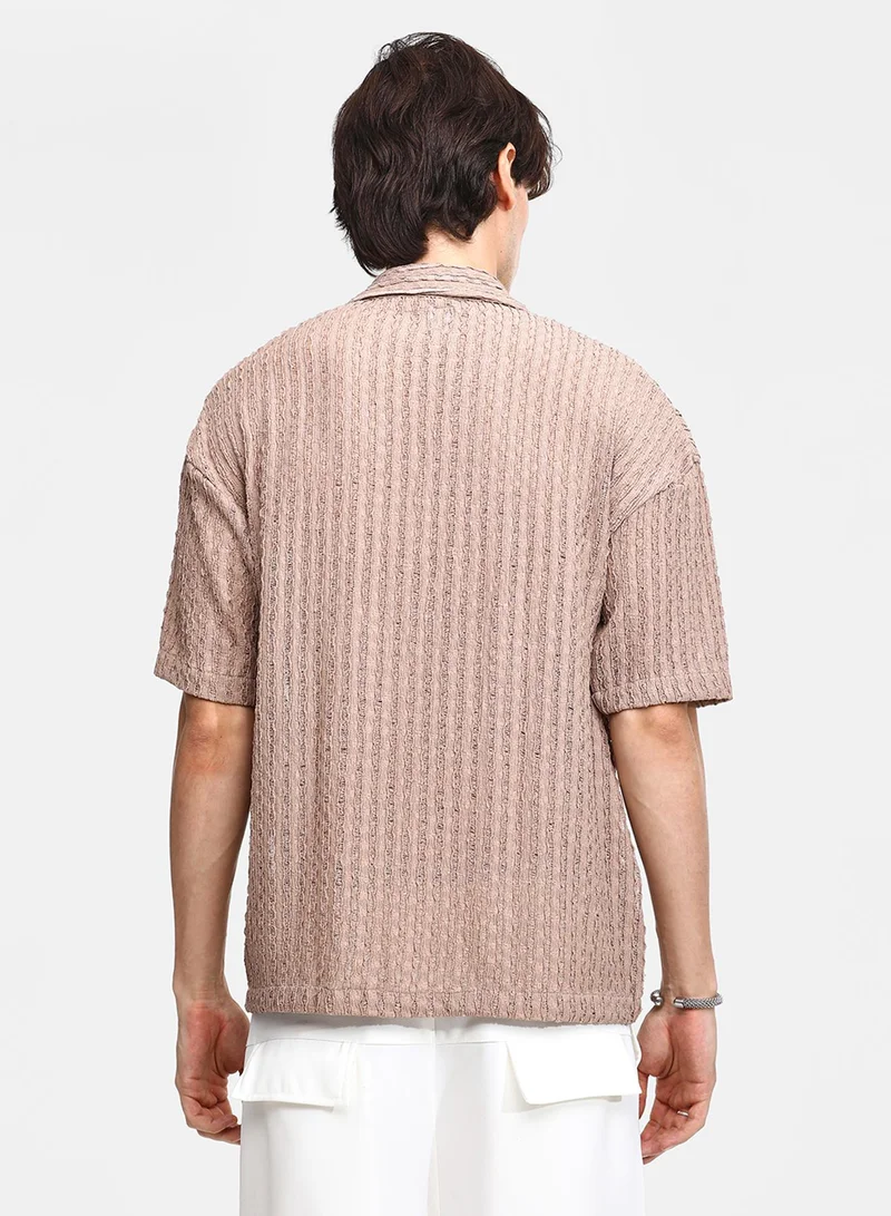 Campus Sutra Men's Peanut Brown Striped Knit Oversized Shirt