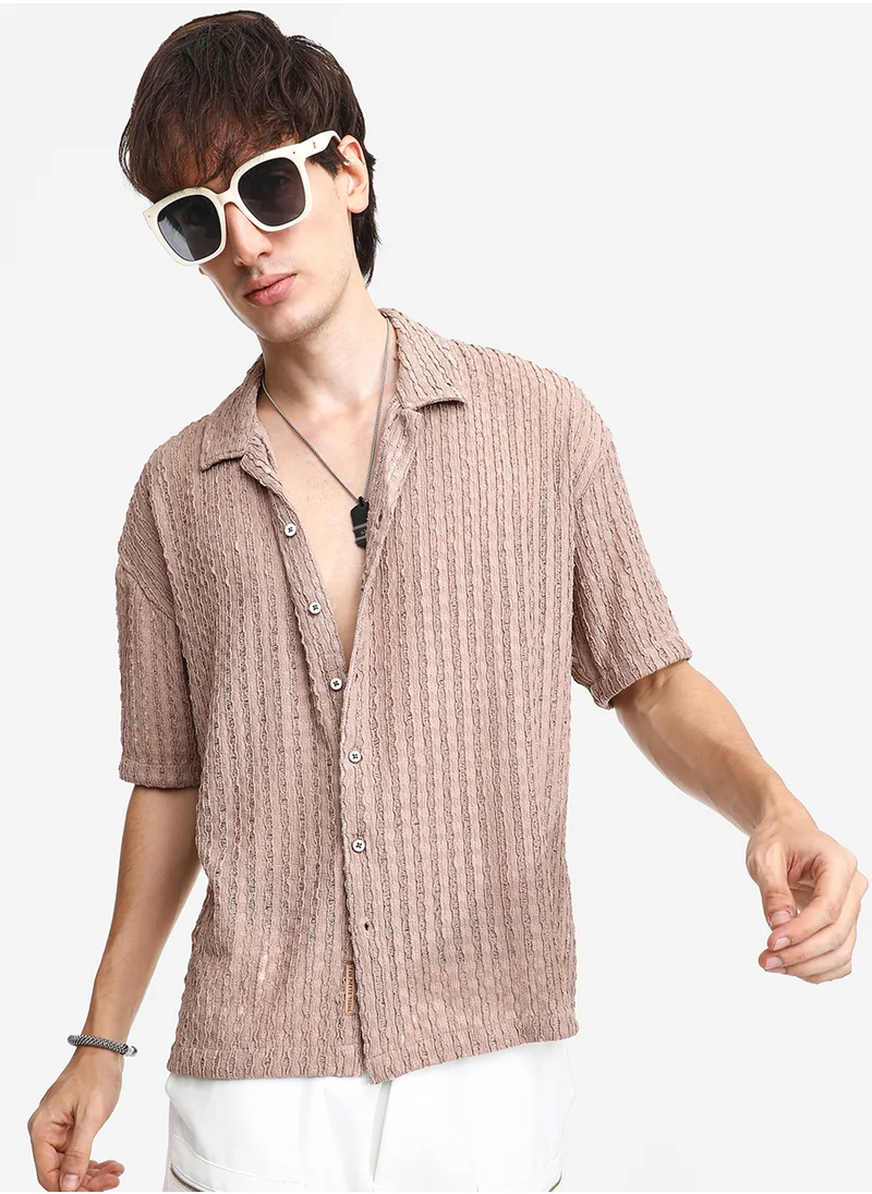 كامبوس سوترا Men's Peanut Brown Striped Knit Oversized Shirt