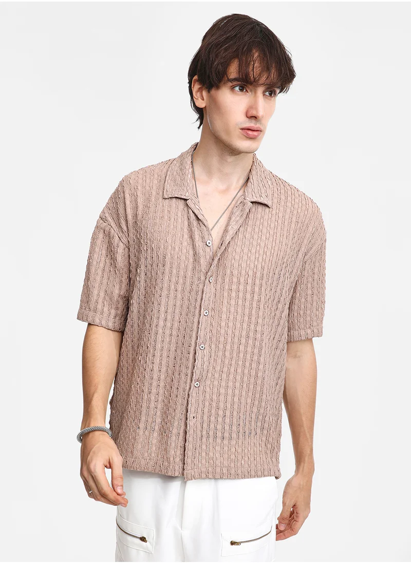 كامبوس سوترا Men's Peanut Brown Striped Knit Oversized Shirt