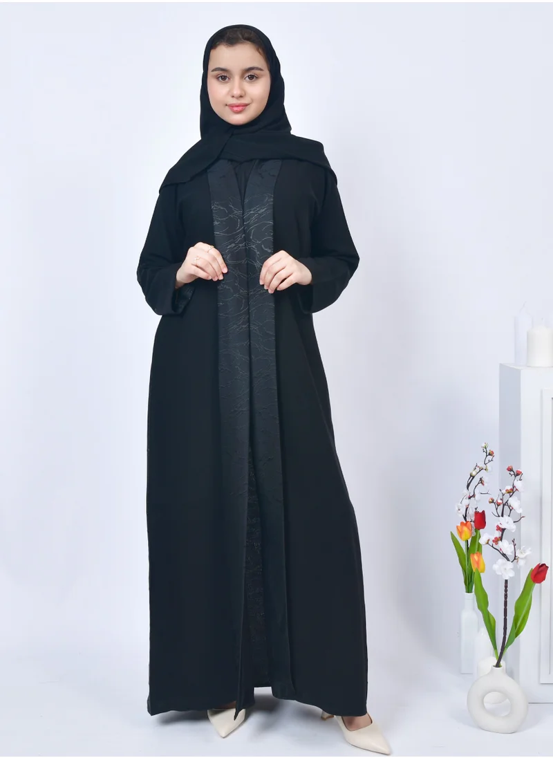 HAWRAA ABAYA Black girls' abaya with summer jacquard overlay and double lined sleeves