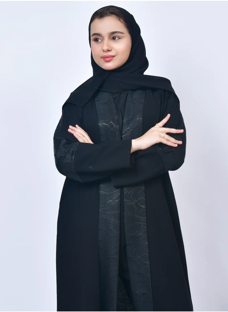 HAWRAA ABAYA Black girls' abaya with summer jacquard overlay and double lined sleeves