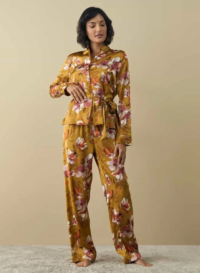 Splash FAV All-Over Floral Print Shirt with Belt Tie-Up and Pyjama Set