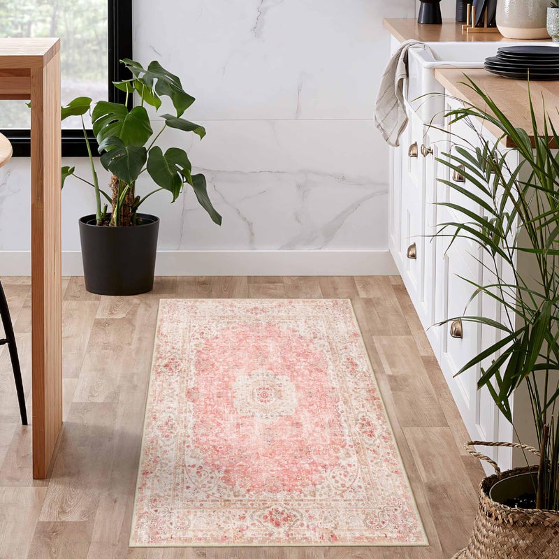 Castage Small Rugs 2x3,Pink Rug for Entryway Bathroom Bedroom Kitchen Entrance Doormat,Boho Vintage Bohemian Distressed Washable Accent Floor Throw Carpet Non Slip,Blush - Image 3
