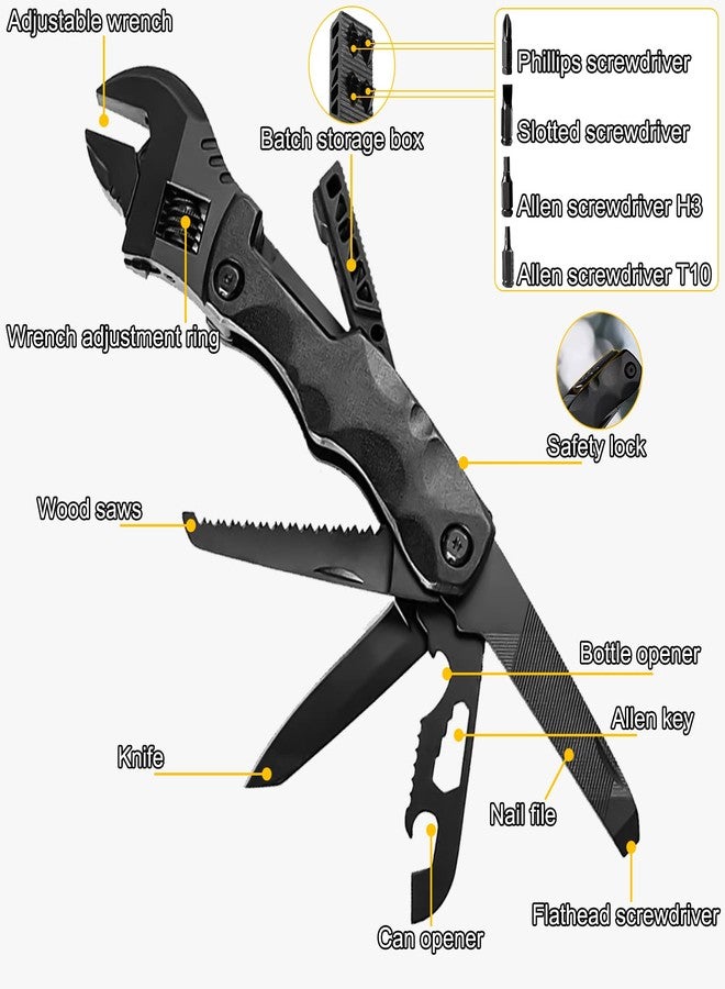 YOUMI Multitool Wrench, Adjustable Wrench with Flathead Phillips Screwdriver, Nail File, Bottle Can Opener, Screwdriver reservoir, Multifunctional Purpose Stainless Steel Tool (black) - Image 3