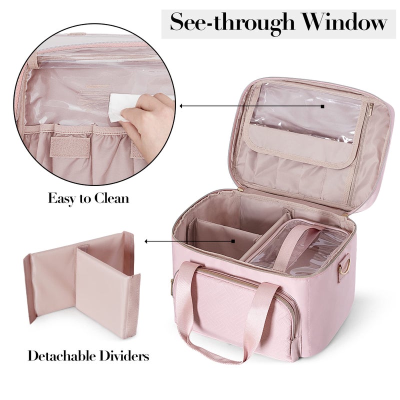 Prokva Travel Makeup Bag With 2 Pouches And Adjustable Dividers, Large Cosmetic Case Make Up Organizer For Women Fits Bottles Vertically, Pink (Patented Design) - Image 3
