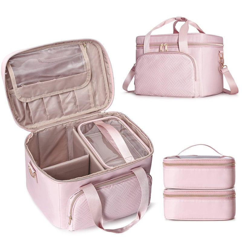 Prokva Travel Makeup Bag With 2 Pouches And Adjustable Dividers, Large Cosmetic Case Make Up Organizer For Women Fits Bottles Vertically, Pink (Patented Design) - Image 1