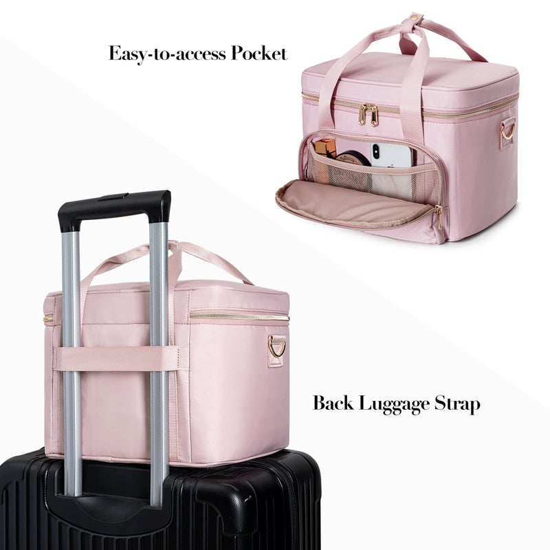 Prokva Travel Makeup Bag With 2 Pouches And Adjustable Dividers, Large Cosmetic Case Make Up Organizer For Women Fits Bottles Vertically, Pink (Patented Design) - Image 4