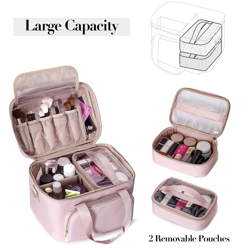 Prokva Travel Makeup Bag With 2 Pouches And Adjustable Dividers, Large Cosmetic Case Make Up Organizer For Women Fits Bottles Vertically, Pink (Patented Design) - Image 2