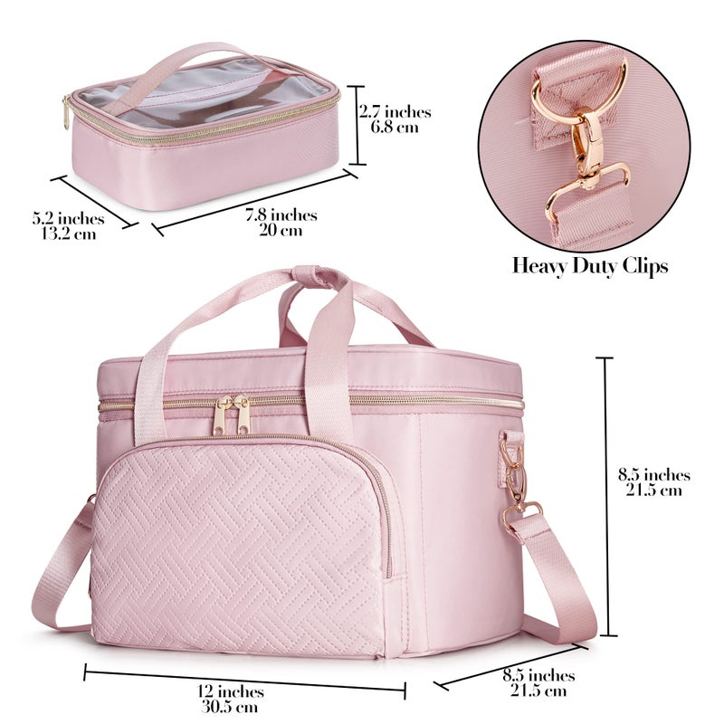 Prokva Travel Makeup Bag With 2 Pouches And Adjustable Dividers, Large Cosmetic Case Make Up Organizer For Women Fits Bottles Vertically, Pink (Patented Design) - Image 5