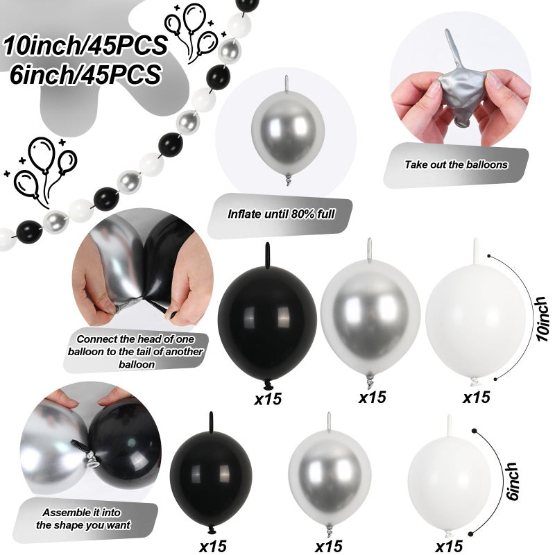 Govpy Black White and Gold Linking Balloons, 90PCS Black Gold and White Balloon Arch, Metallic Silver Quick Linked Connecting Balloon for Wedding Birthday Baby Shower Graduation New Year Party Decorations - Image 2