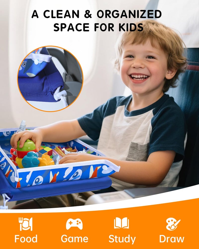 BDAC Adjustable Kids Airplane Tray Cover with Pocket Organizer, Snack & Toy Pockets, Toddler Airplane Travel Essentials, Travel Tray for Plane Train, Clear Touch Tablet Pocket, Carrying Strap, Plane Print - Image 2