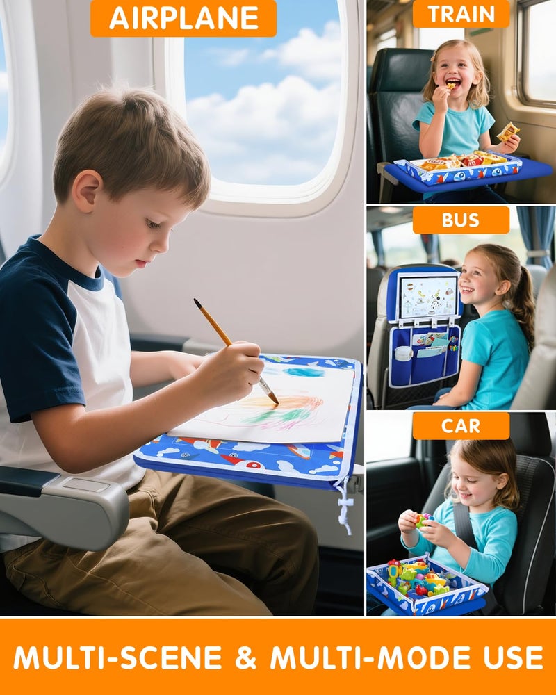 BDAC Adjustable Kids Airplane Tray Cover with Pocket Organizer, Snack & Toy Pockets, Toddler Airplane Travel Essentials, Travel Tray for Plane Train, Clear Touch Tablet Pocket, Carrying Strap, Plane Print - Image 5