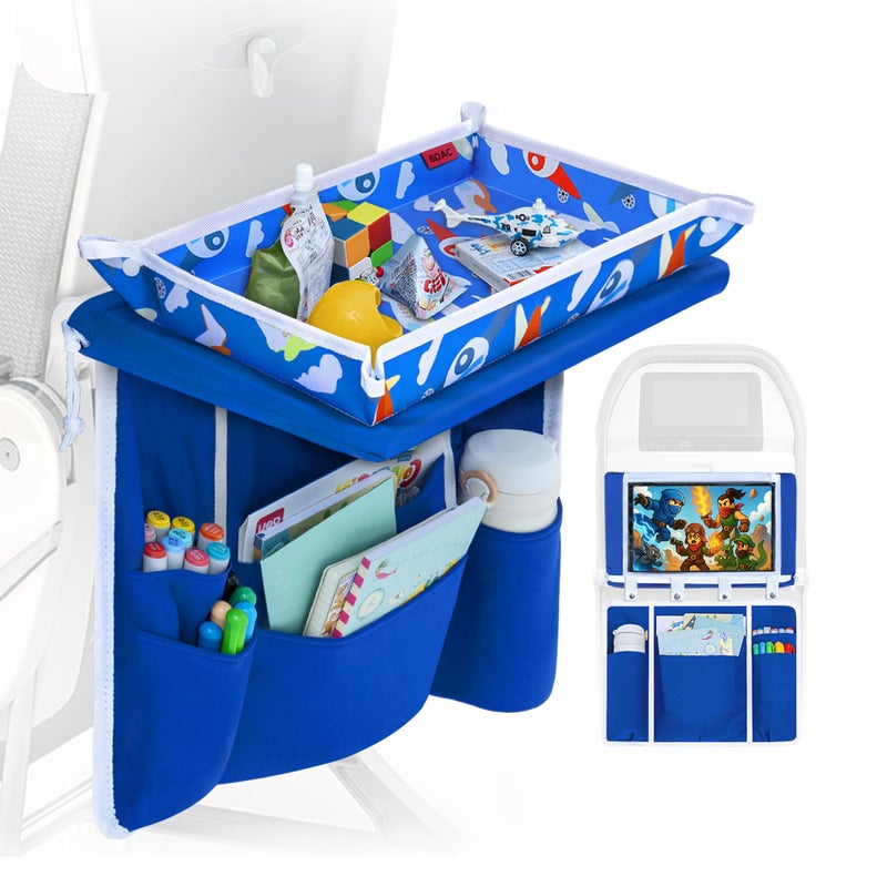 BDAC Adjustable Kids Airplane Tray Cover with Pocket Organizer, Snack & Toy Pockets, Toddler Airplane Travel Essentials, Travel Tray for Plane Train, Clear Touch Tablet Pocket, Carrying Strap, Plane Print - Image 1