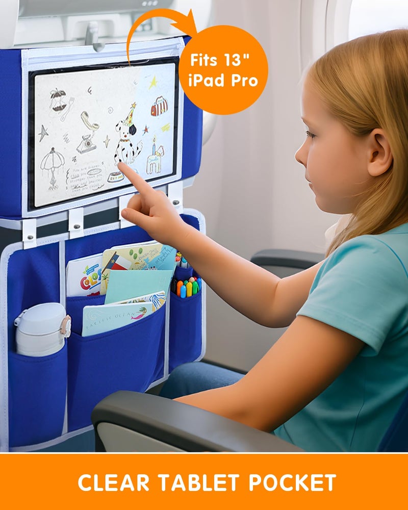 BDAC Adjustable Kids Airplane Tray Cover with Pocket Organizer, Snack & Toy Pockets, Toddler Airplane Travel Essentials, Travel Tray for Plane Train, Clear Touch Tablet Pocket, Carrying Strap, Plane Print - Image 3