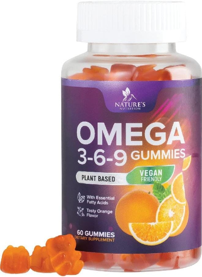 Nature's Nutrition - Omega 3 6 9 Vegan Gummies - Triple Strength Omega 3 Supplement Essential Oil Gummy - Omega 369 Heart Support and Brain Support for Women, Men & Pregnant Women, Non-GMO, Orange Flavor - 60 Gummies - Image 1