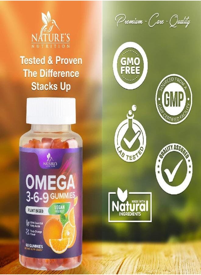 Nature's Nutrition - Omega 3 6 9 Vegan Gummies - Triple Strength Omega 3 Supplement Essential Oil Gummy - Omega 369 Heart Support and Brain Support for Women, Men & Pregnant Women, Non-GMO, Orange Flavor - 60 Gummies - Image 1